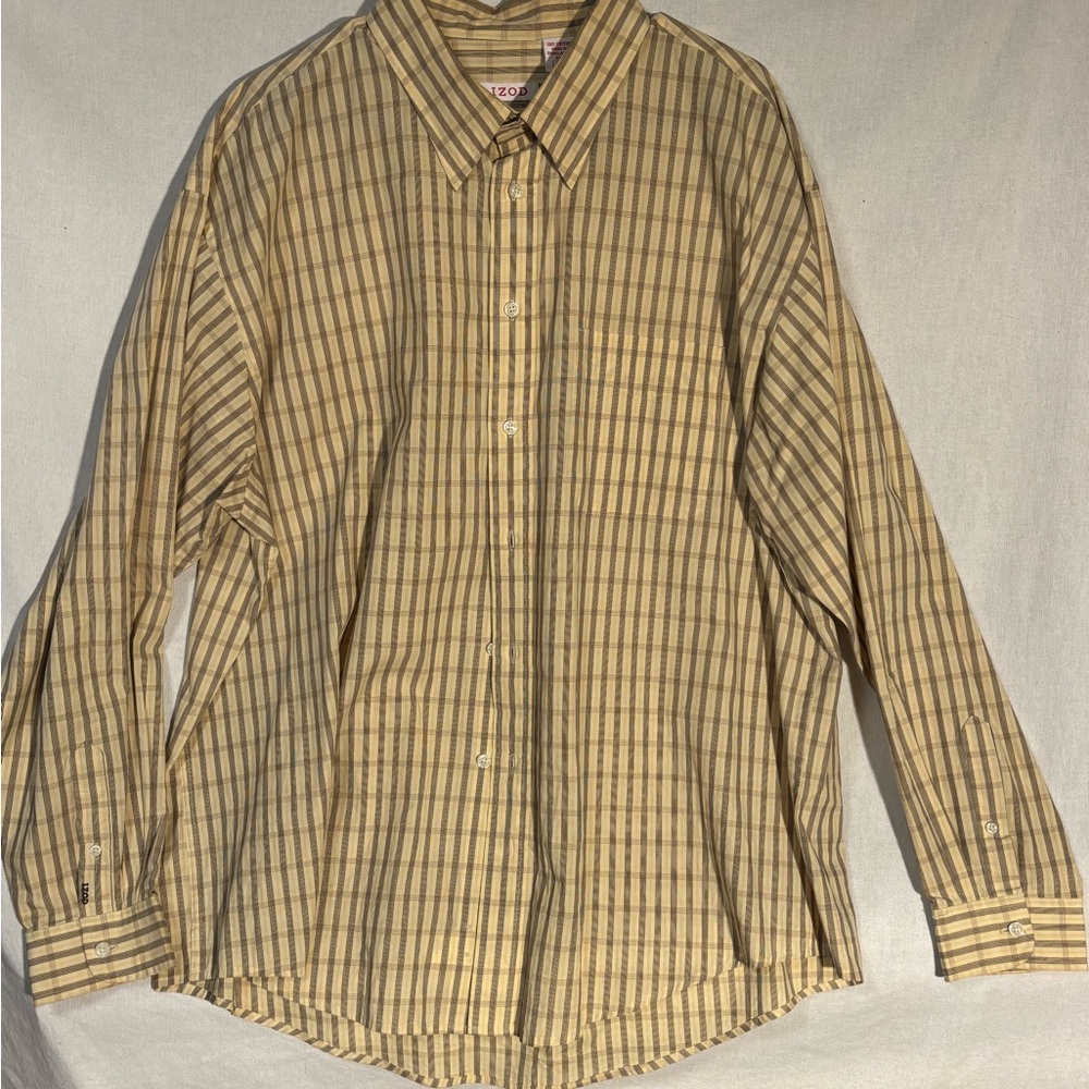Izod Men's XXL Long Sleeve Checkered Plaid Shirt - Tan and Brown